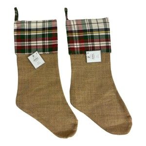 2 Green Red Plaid Burlap Christmas Stocking 19" Holiday Rustic Country Cottage